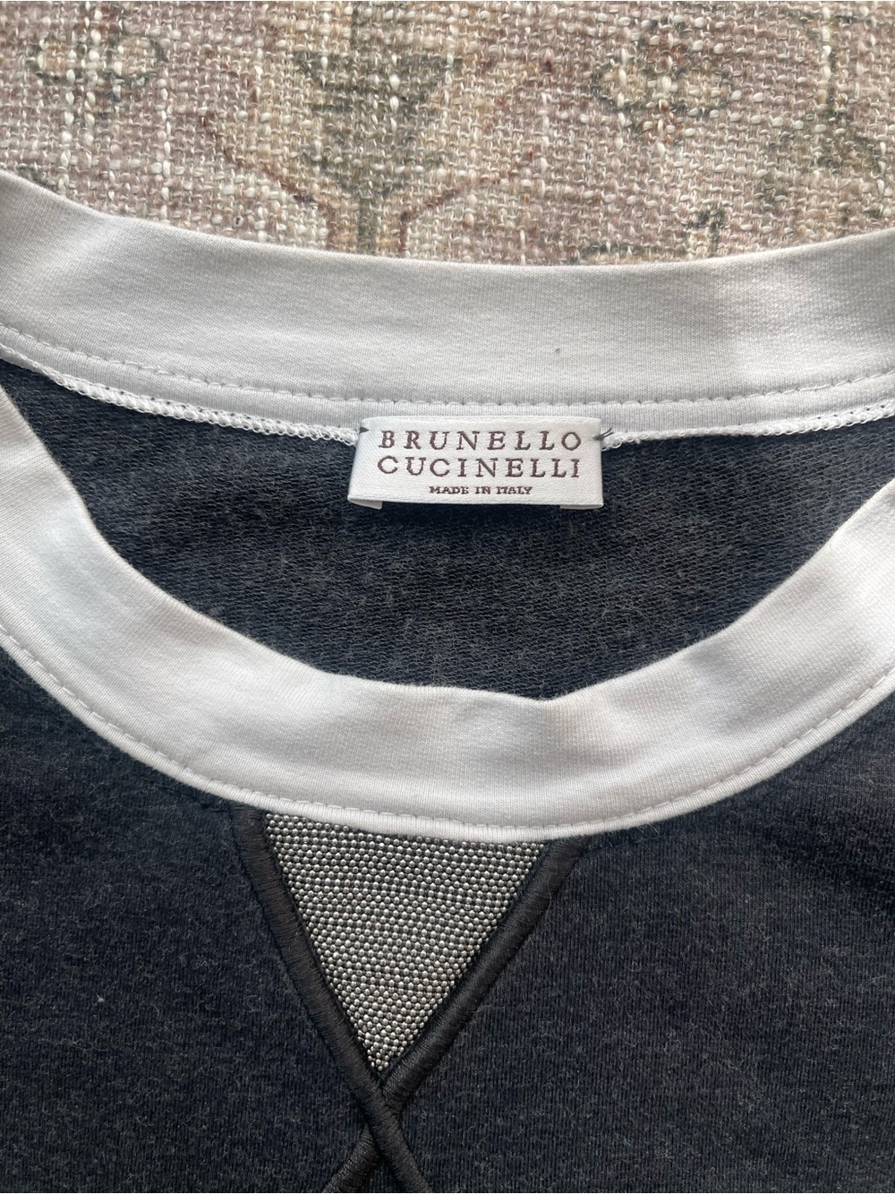 Brunello Cucinelli Grey Crewneck Sweater with White Trim and Embellished Detail - Picture 3 of 10